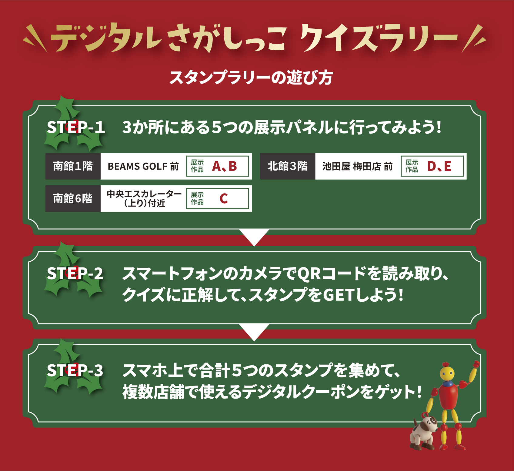 デスタンプラリーの遊び方
              ①MAPを確認して、 3箇所にある5つの展示パネルへ行ってみよう！
              ②展示パネルでQRコードを見つけたら、スマートフォンのカメラで読み取ってクイズに正解しスタンプをゲット！
              ③全てのスタンプを集めた方には、店舗で使えるデジタルクーポンをゲット！